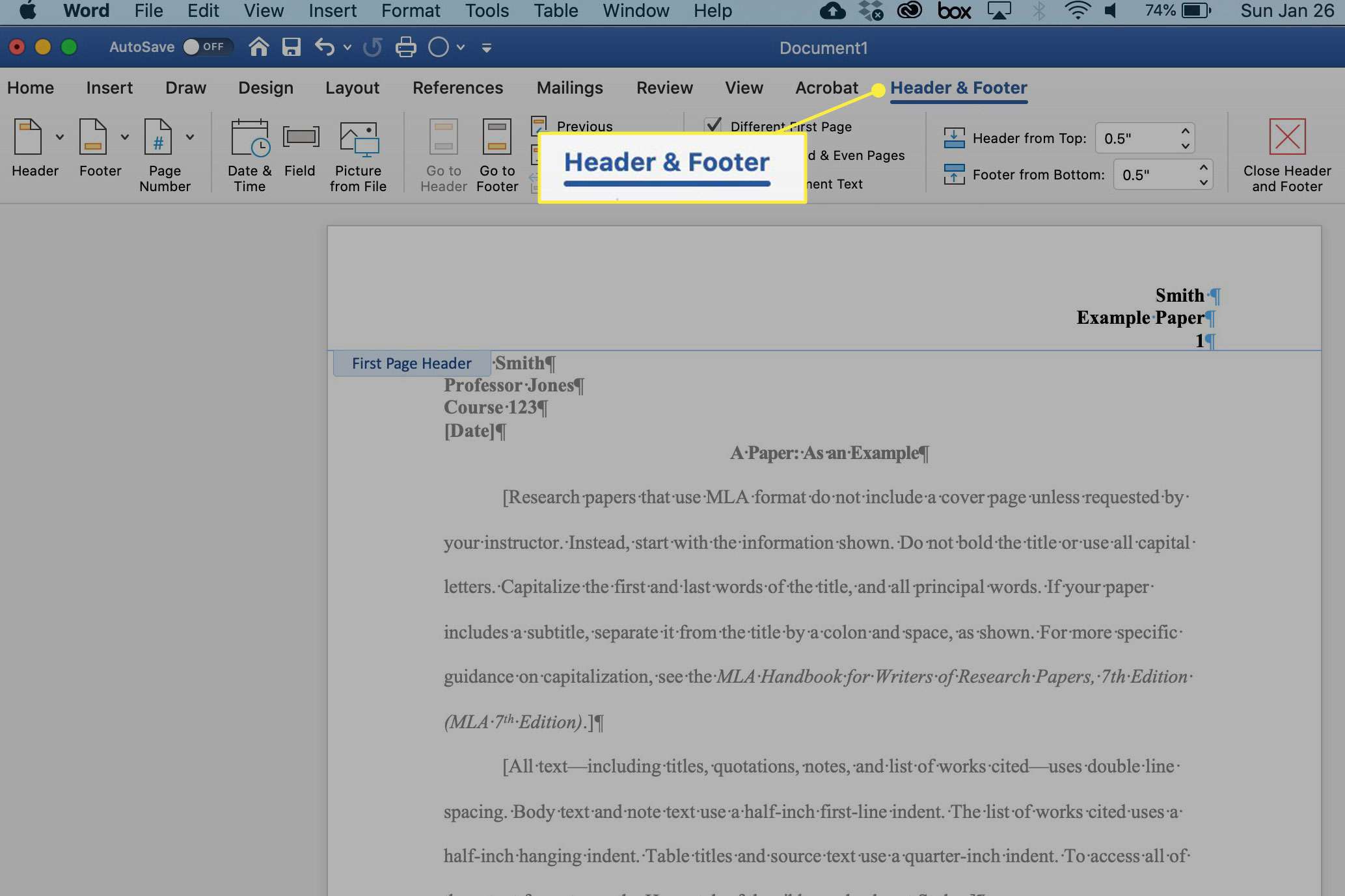 word for mac create unique footer for a page